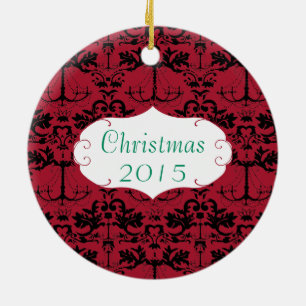Christmas Family Photo Red Chandelier Damask Ceramic Ornament