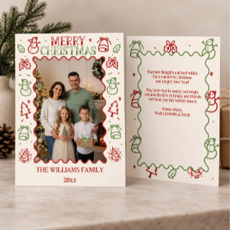 Christmas Family Photo Red Green Doodle Border Holiday Card