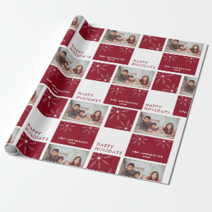 Christmas Family Photo Red Snowflake Collage Wrapping Paper
