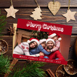 Christmas family photo red white script modern holiday card<br><div class="desc">Personalise and add your own family photo. Red background,  white text.  Add your names.</div>