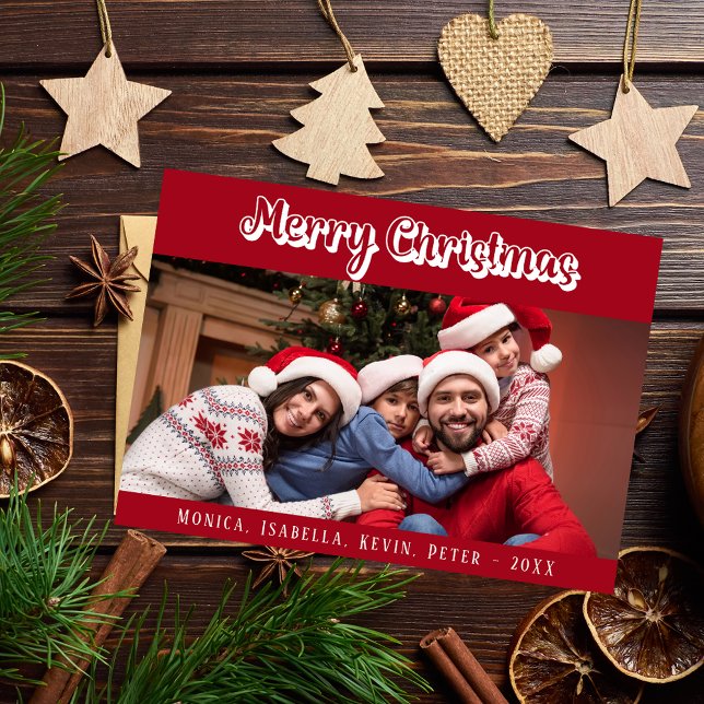 Christmas family photo red white script modern holiday card (Creator Uploaded)