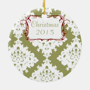 Christmas Family Photo Sage Green Damask Ceramic Ornament