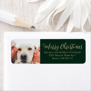 Christmas family photo script dark pine green gold return address label