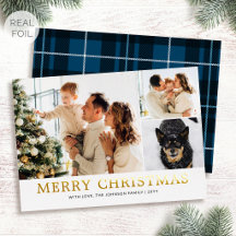 Christmas Family Photo Traditional Blue Plaid Gold