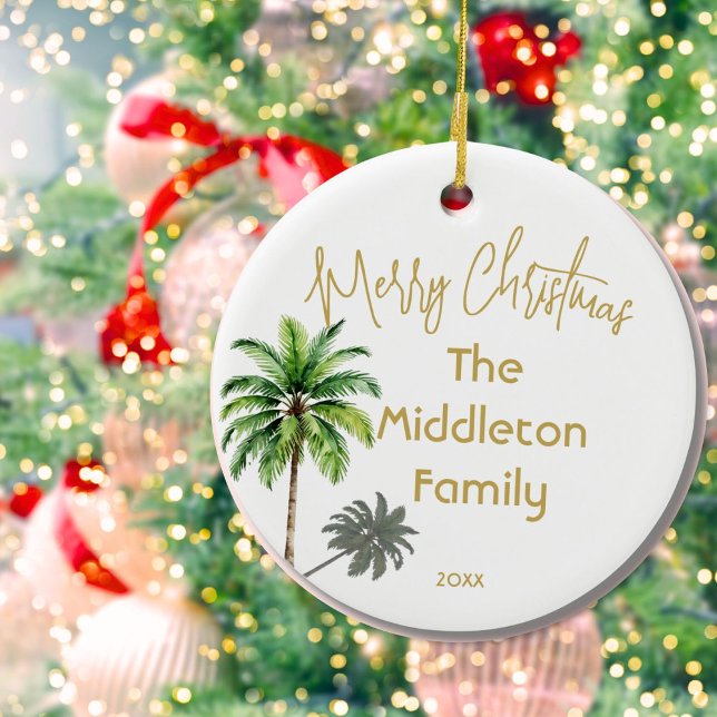 Christmas Family Photo Tropical Palm Tree  Ceramic Ornament (Creator Uploaded)