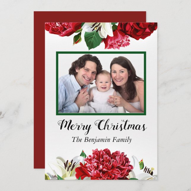 Christmas Family Photo Watercolor Red Flowers Holiday Card (Front/Back)