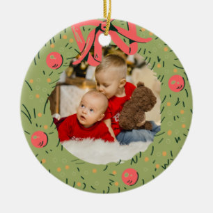 Christmas family Photo Watercolor Wreath Family Ceramic Ornament
