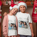 Christmas family photo white cone pine name boy T-Shirt<br><div class="desc">Personalise and add your own family photo. A green frame decorated with a cone and pine greenery.  Add your family name and year.</div>