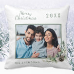 Christmas family photo white cone pine name cushion<br><div class="desc">Personalise and add your own family photo. A green frame decorated with a cone and pine greenery. Elegant white background.  Add your family name and year.</div>