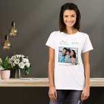 Christmas family photo white cone pine name T-Shirt<br><div class="desc">Personalise and add your own family photo. A green frame decorated with a cone and pine greenery.  Add your family name and year.</div>