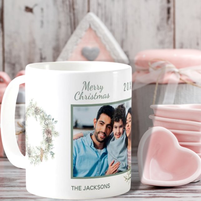 Christmas family photo white cone pine wreath coffee mug (Creator Uploaded)