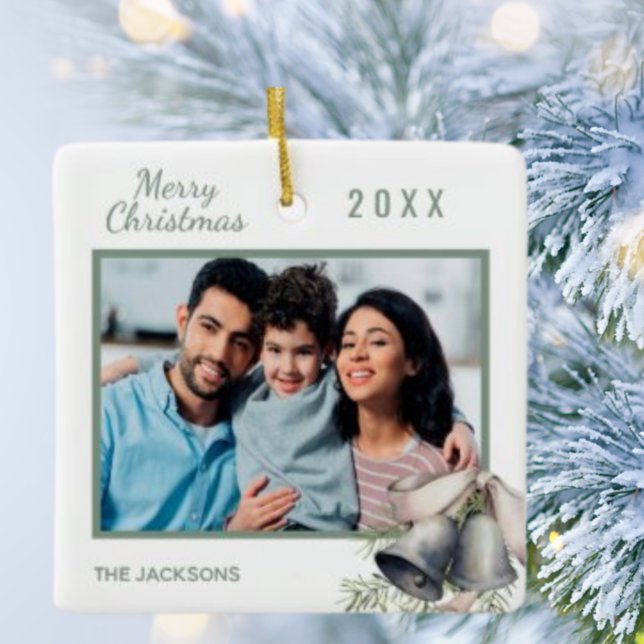 Christmas family photo white green bells ceramic ornament (Creator Uploaded)