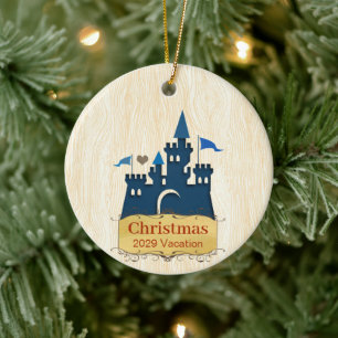Christmas Family Photo with Castle on back Ceramic Ornament