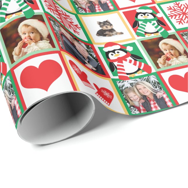 Christmas Family Photos with Happy Santa Penguins Wrapping Paper (Roll Corner)