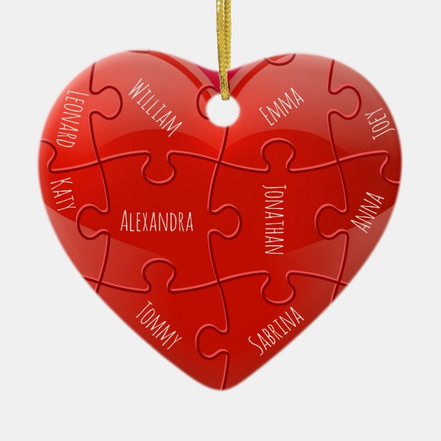 Christmas Family Puzzle Heart with Names Ceramic Ornament (Front)