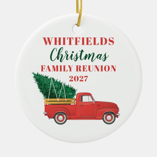 Christmas Family Reunion Red Truck Custom Ceramic Ornament (Front)
