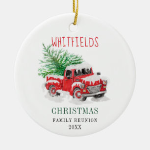 Christmas Family Reunion Watercolor Red Truck Ceramic Ornament