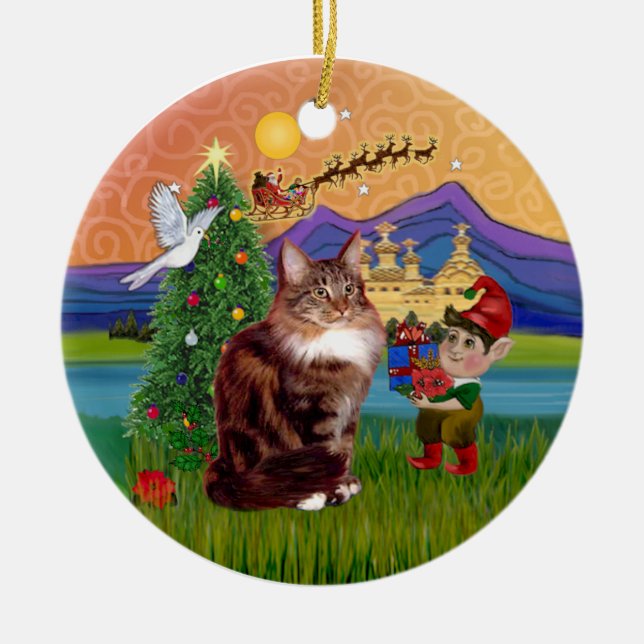 Christmas Fantasy - Maine Coon cat Ceramic Tree Decoration (Front)