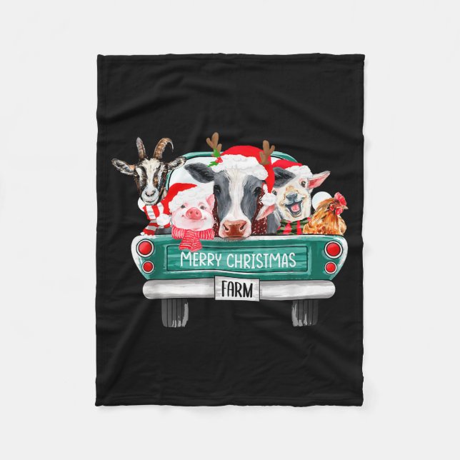 Christmas Farm Animals Truck Santa Hat Family Paja Fleece Blanket (Front)