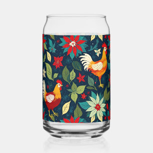 Christmas Farm Chickens And Poinsettias Can Glass