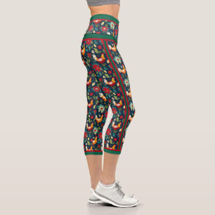 Christmas Farm Chickens And Poinsettias Capri Leggings