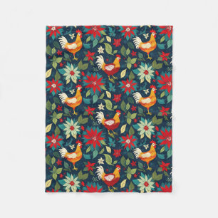 Christmas Farm Chickens And Poinsettias Fleece Blanket