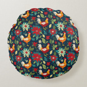 Christmas Farm Chickens And Poinsettias Round Cushion