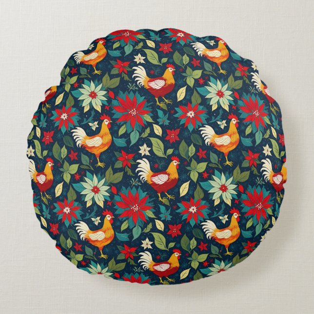 Christmas Farm Chickens And Poinsettias Round Cushion (Front)