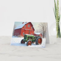 Christmas Farm Tractor By a Red Barn