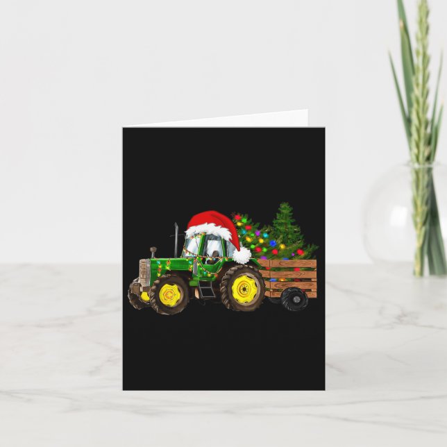 Christmas Farm Tractor Tree Lights Santa Hat Xmas  Card (Front)