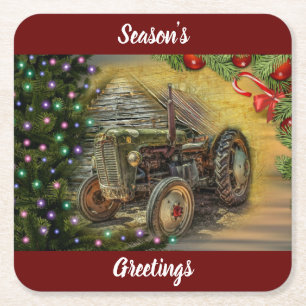 Christmas Farm Tractor With Christmas Tree Square Paper Coaster