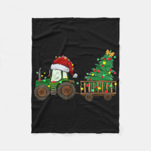 Christmas Farm Tractor Xmas Tree Lights Santa Hat Fleece Blanket