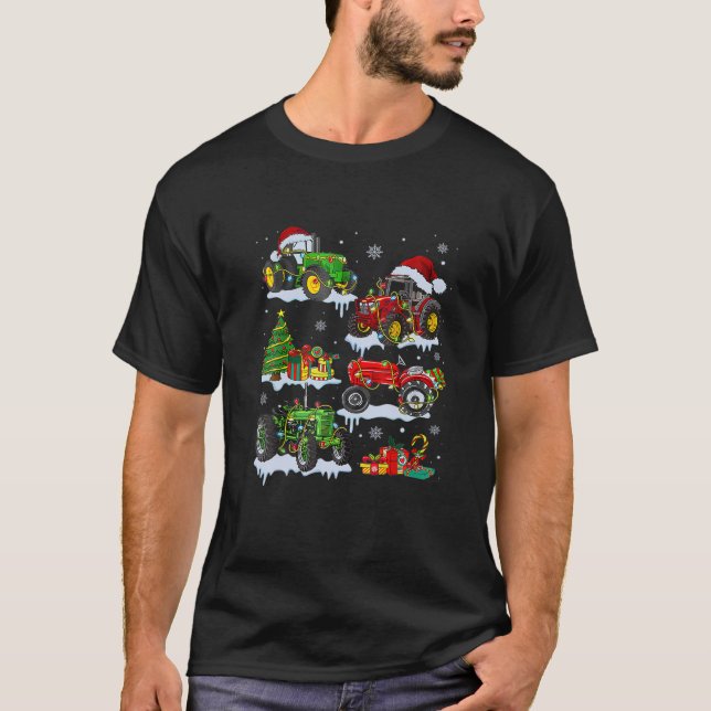 Christmas Farm Tractor Xmas Tree Lights Santa Hat  T-Shirt (Front)