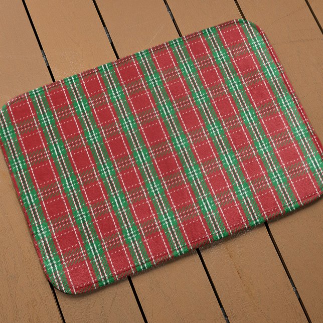 Christmas Farmhouse Rustic Holiday Red Plaid Bath Mat (Red and green holiday plaid pattern bath mat)