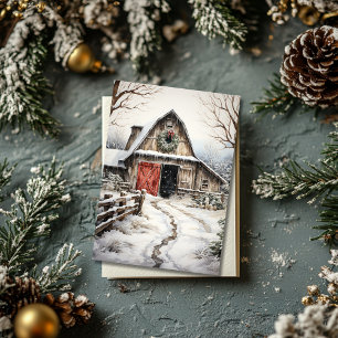 Christmas Farmhouse with Horse Stables Flat Card