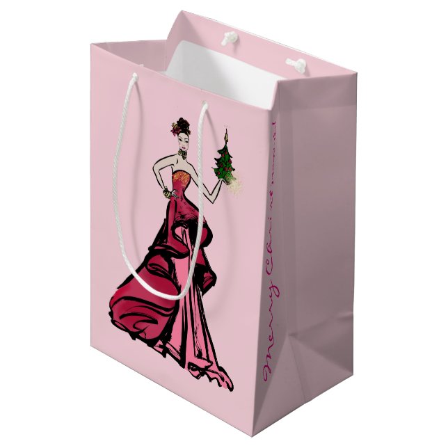 Christmas Fashion Illustration with tree Medium Gift Bag (Front Angled)