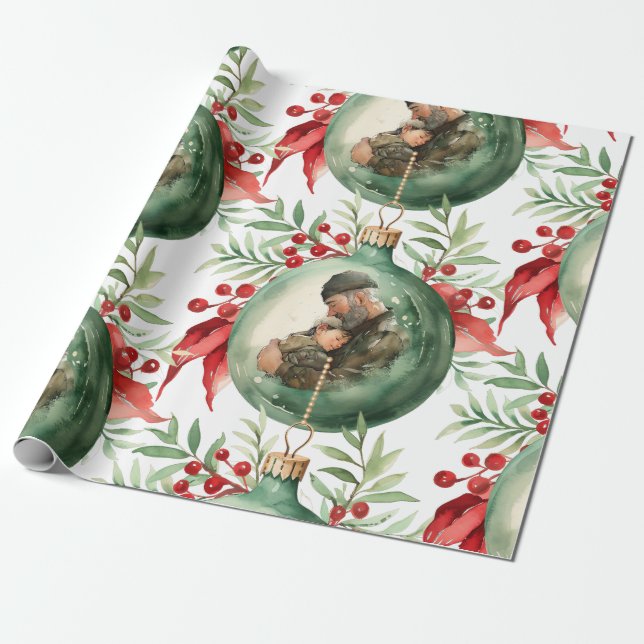 Christmas Father Dad Son Watercolor Ornament Wrapping Paper (Unrolled)