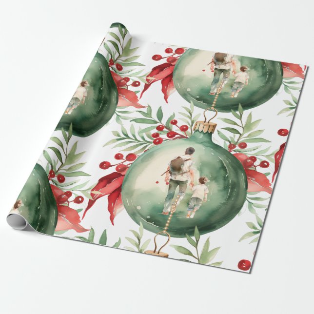 Christmas Father Dad Son Watercolor Ornament Wrapping Paper (Unrolled)