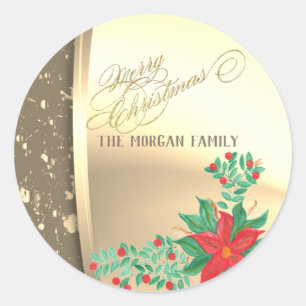 Christmas ,Faux Gold,Watercolor Poinsettia Classic Round Sticker