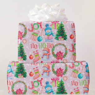 Christmas Favourites Pink Snowman Watercolor Wrapping Paper
