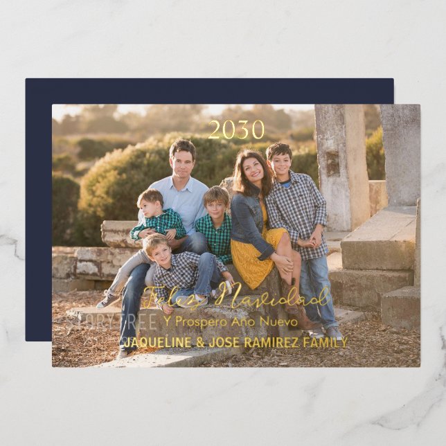 Christmas Feliz Navidad Spanish Family Photo Gold  Foil Holiday Card (Front/Back)