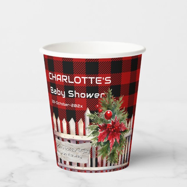 Christmas Fence Buffalo Plaid Baby Shower Paper Cups (Front)