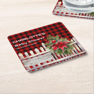 Christmas Fence Buffalo Plaid Baby Shower Square Paper Coaster