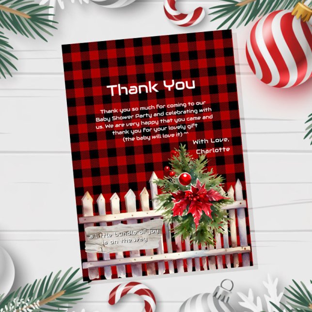 Christmas Fence Buffalo Plaid Baby Shower Thank You Card (Creator Uploaded)