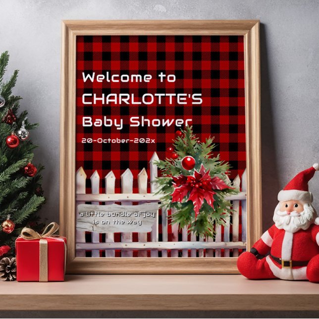 Christmas Fence Buffalo Plaid Baby Shower Welcome Poster (Creator Uploaded)