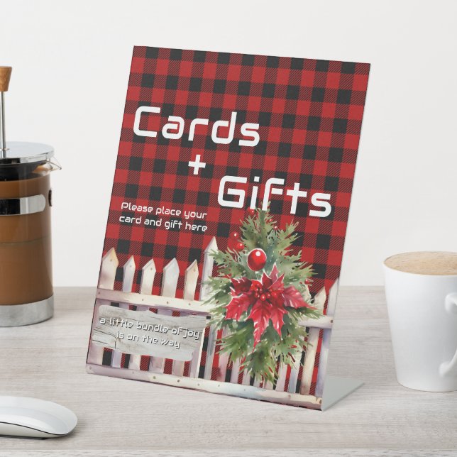 Christmas Fence Buffalo Plaid Cards & Gifts Pedestal Sign (In SItu)