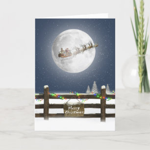 Christmas Fence with Santa And Reindeer On Moon Holiday Card