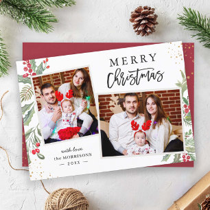 Christmas Festival Greenery and Berries 2 Photo Holiday Card