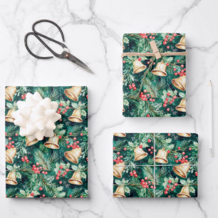 Christmas Festive Bells and Holly Wrapping Paper Sheet