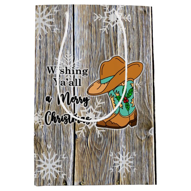 Christmas Festive Cowboy Boots and Hat Snowflakes Medium Gift Bag (Front)